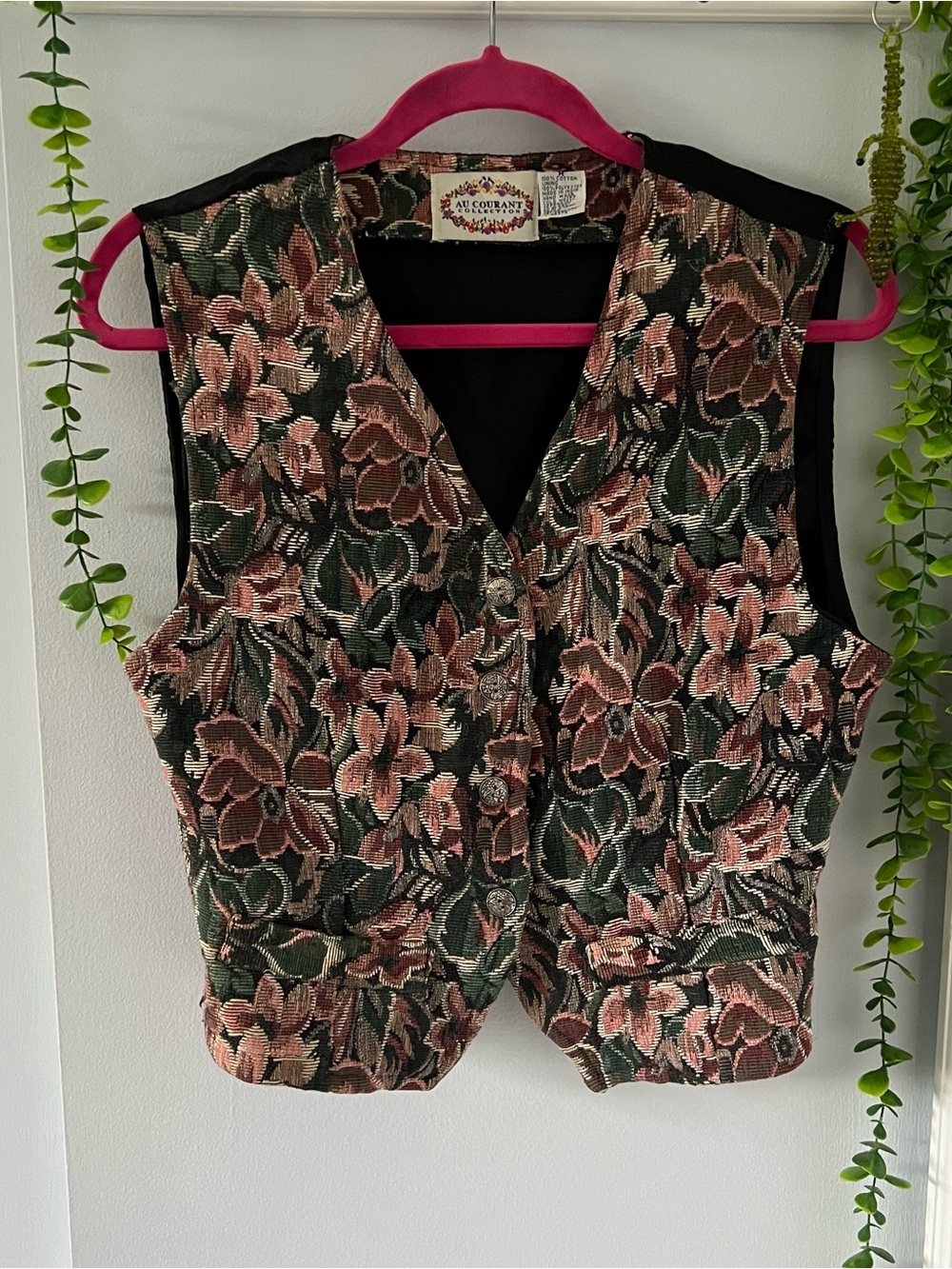 Vintage Floral Button-Front Vest - Green and Pink